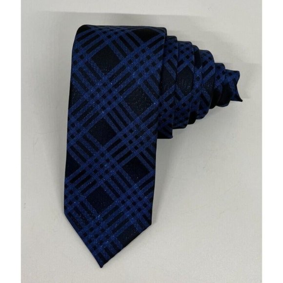 J Ferrar Men's Tie Slim,Skinny Necktie Blue And Black Plaid Blue Metallic Design - Picture 2 of 10